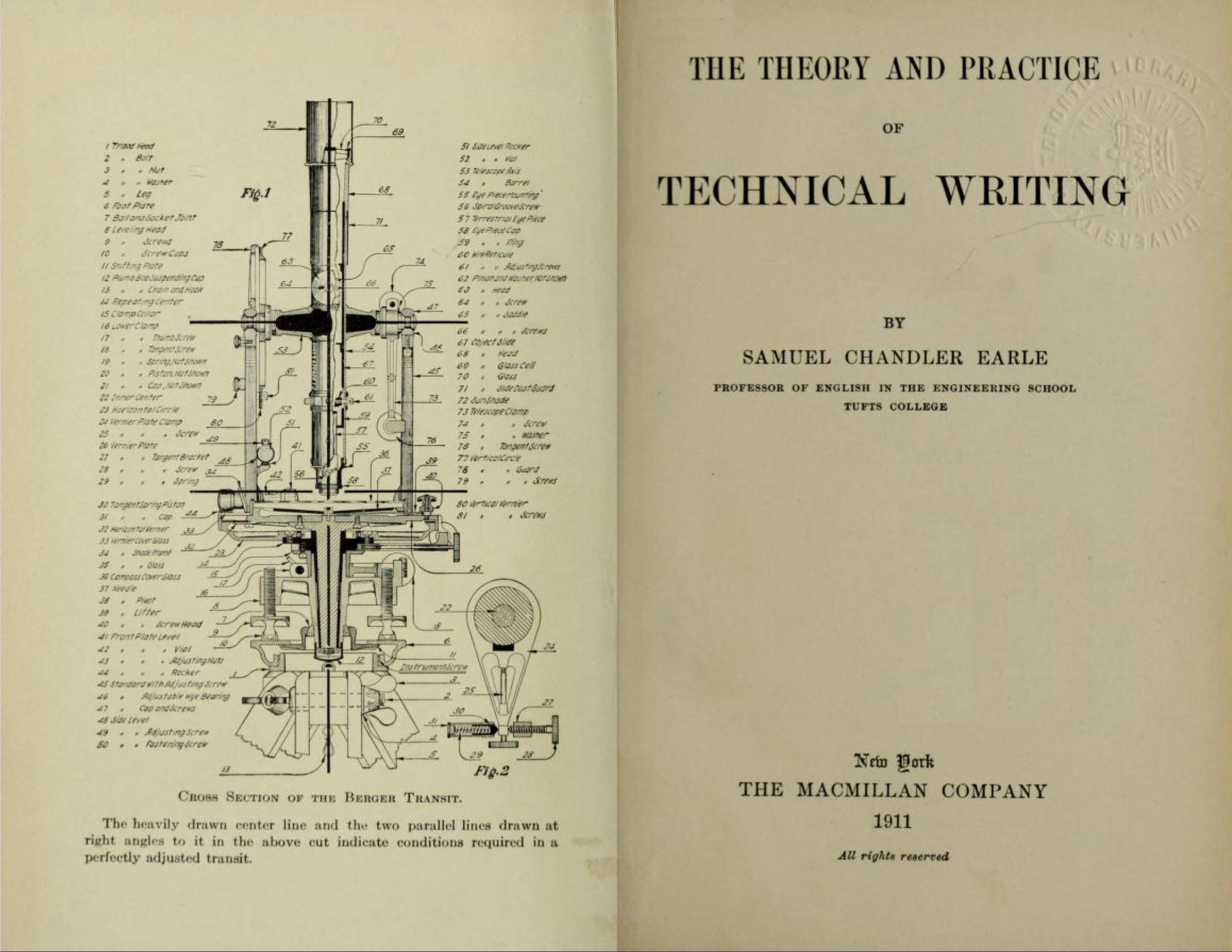 A title page and complex technical drawing of a mechanical device from a 1911 technical writing textbook.