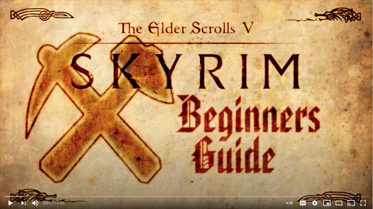 A title card from a YouTube video, A Beginner's Guide to Skyrim.