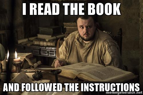 Game of Thrones meme, Samuel Tarly reading a book.